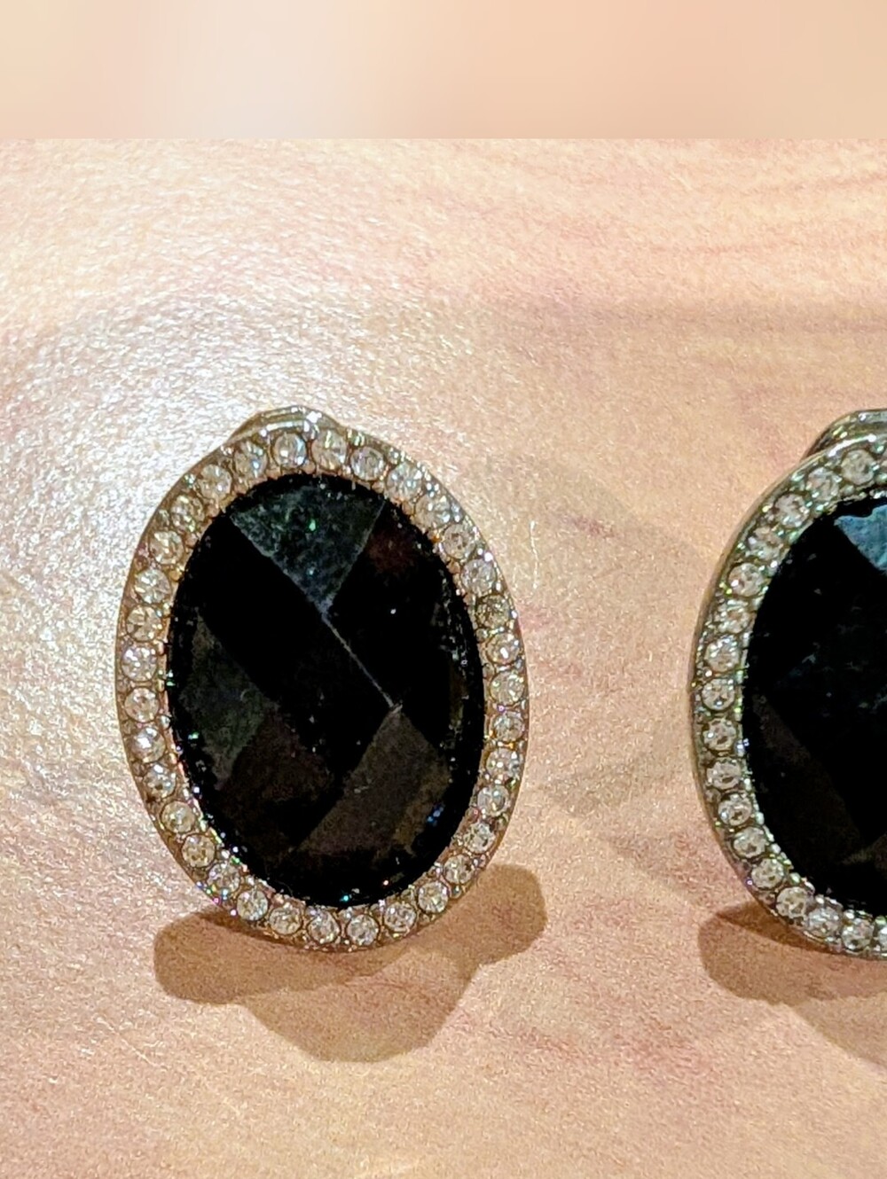 Black Oval Crystal Halo Clip On Earrings - Women Jewelry